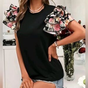 Black and Pink Floral Ruffled Short Sleeve Blouse